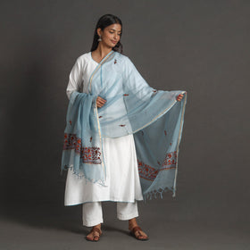 Blue Kota Doria Silk Cotton Kashida Embroidery Dupatta 