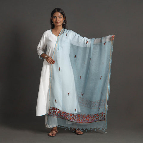 Blue Kota Doria Silk Cotton Kashida Embroidery Dupatta 