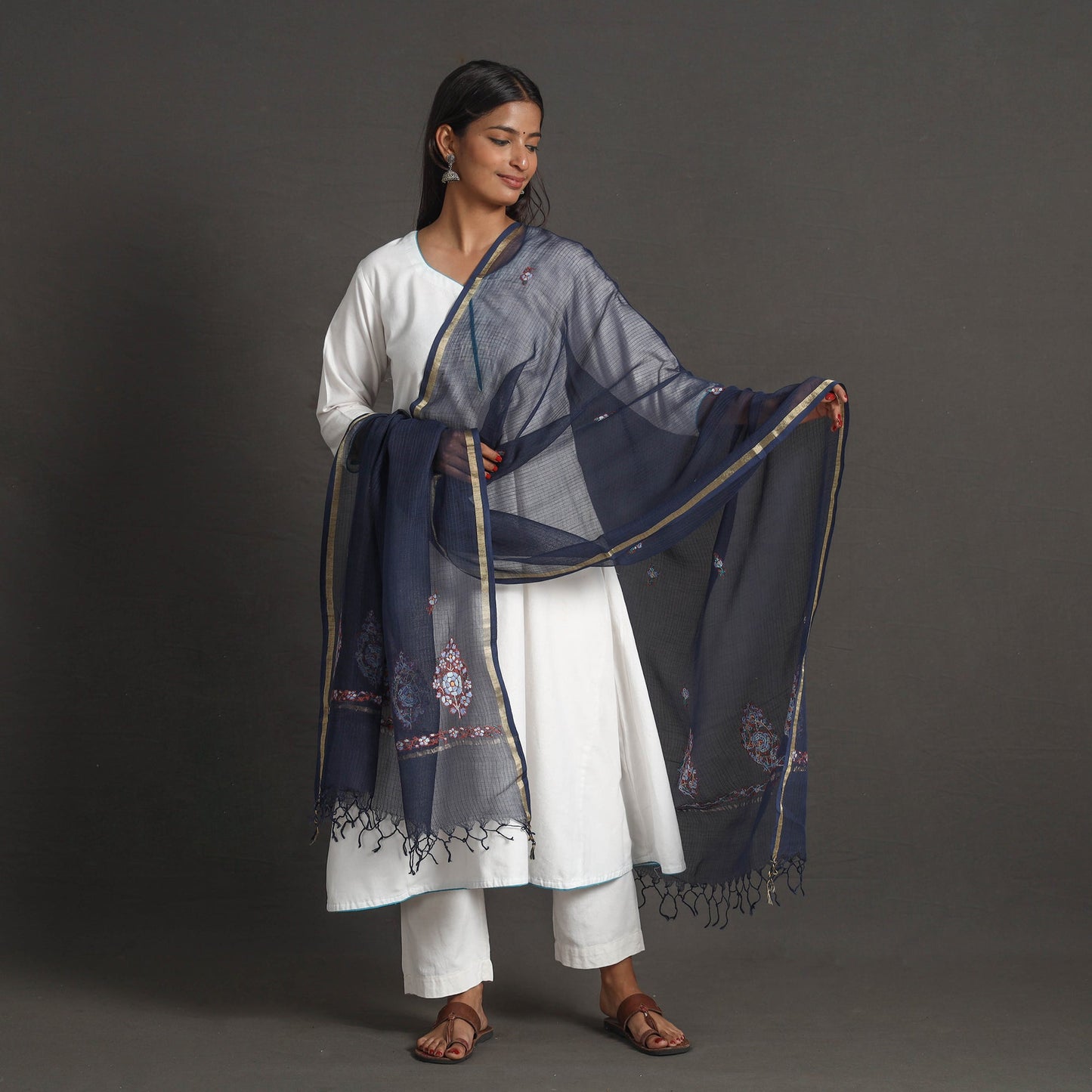 Blue Kota Doria Silk Cotton Kashida Embroidery Dupatta Online