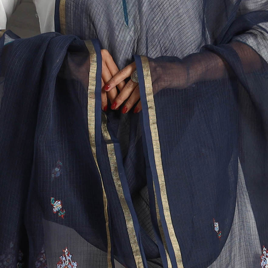 Blue Kota Doria Silk Cotton Kashida Embroidery Dupatta Online