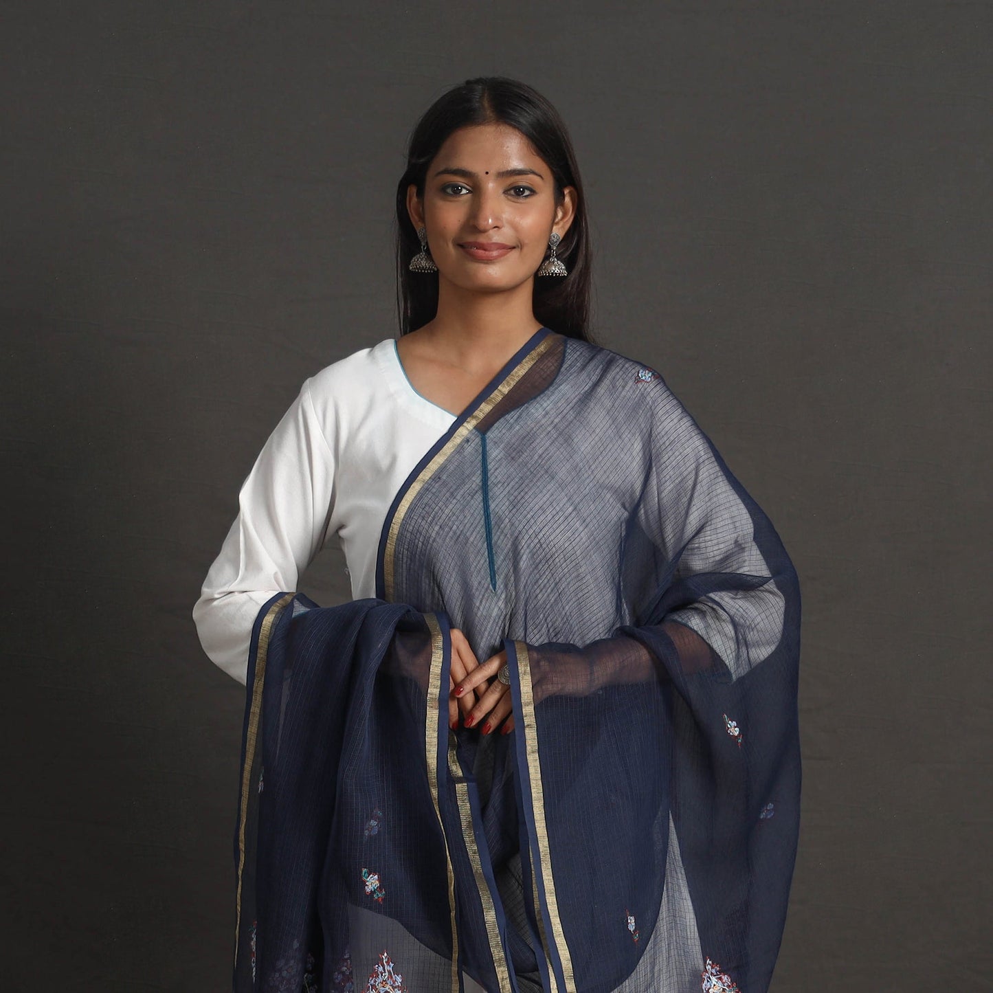 Blue Kota Doria Silk Cotton Kashida Embroidery Dupatta Online