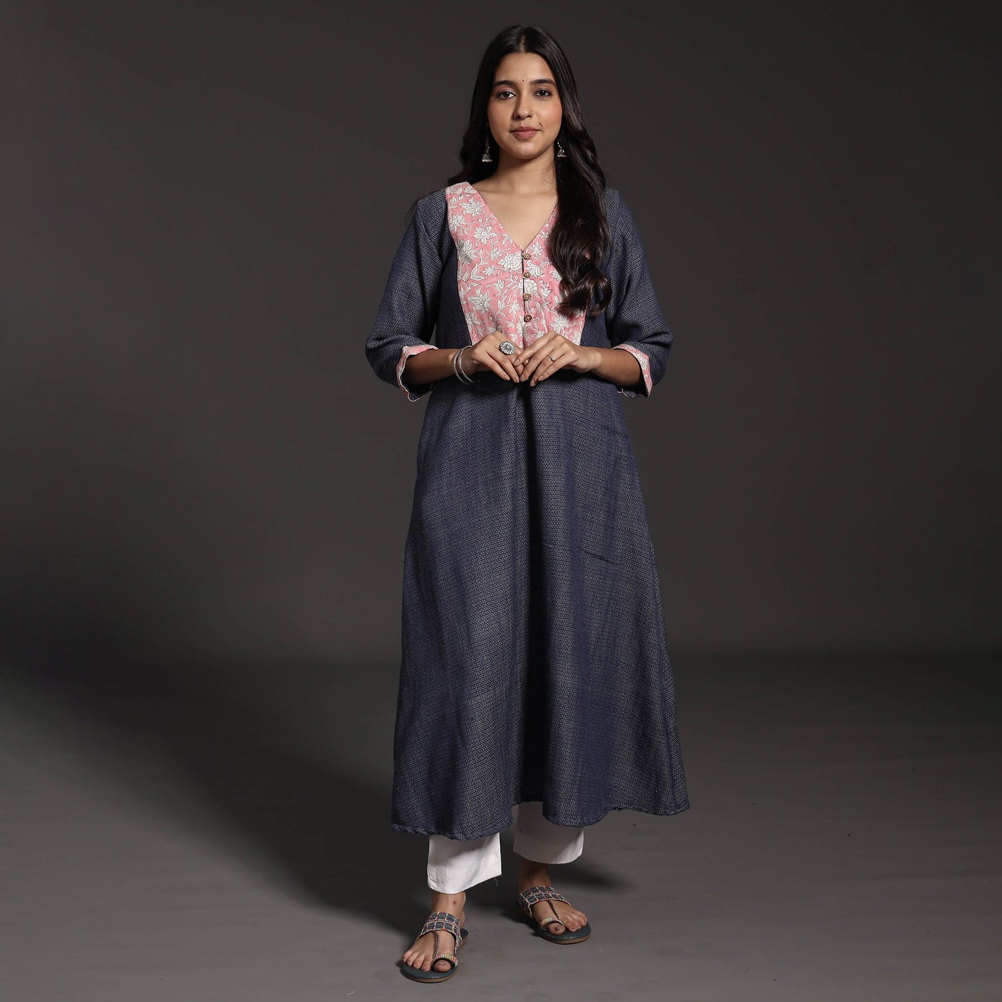 Kumaun Handwoven Merino Wool with Sanganeri Patchwork Long Kurta