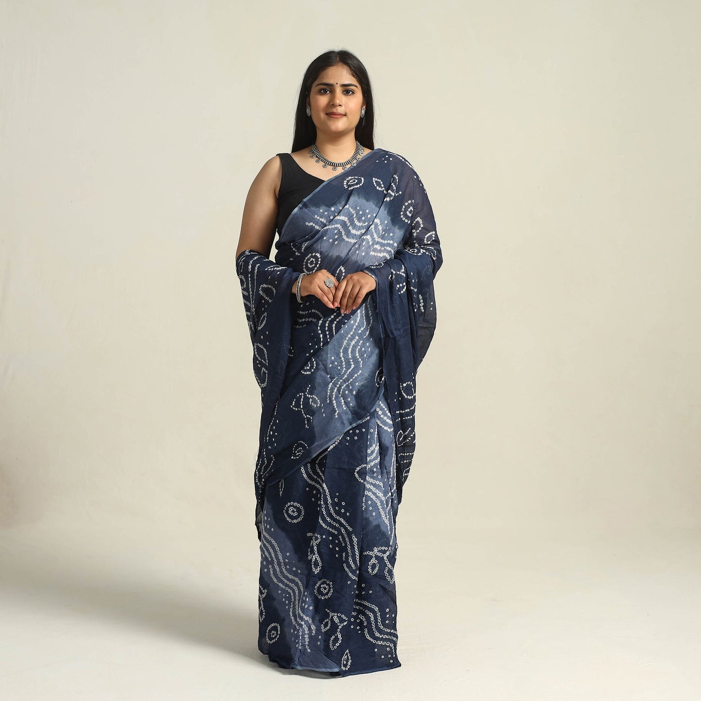 Blue - kutch bandhani tie-dye cotton saree with blouse