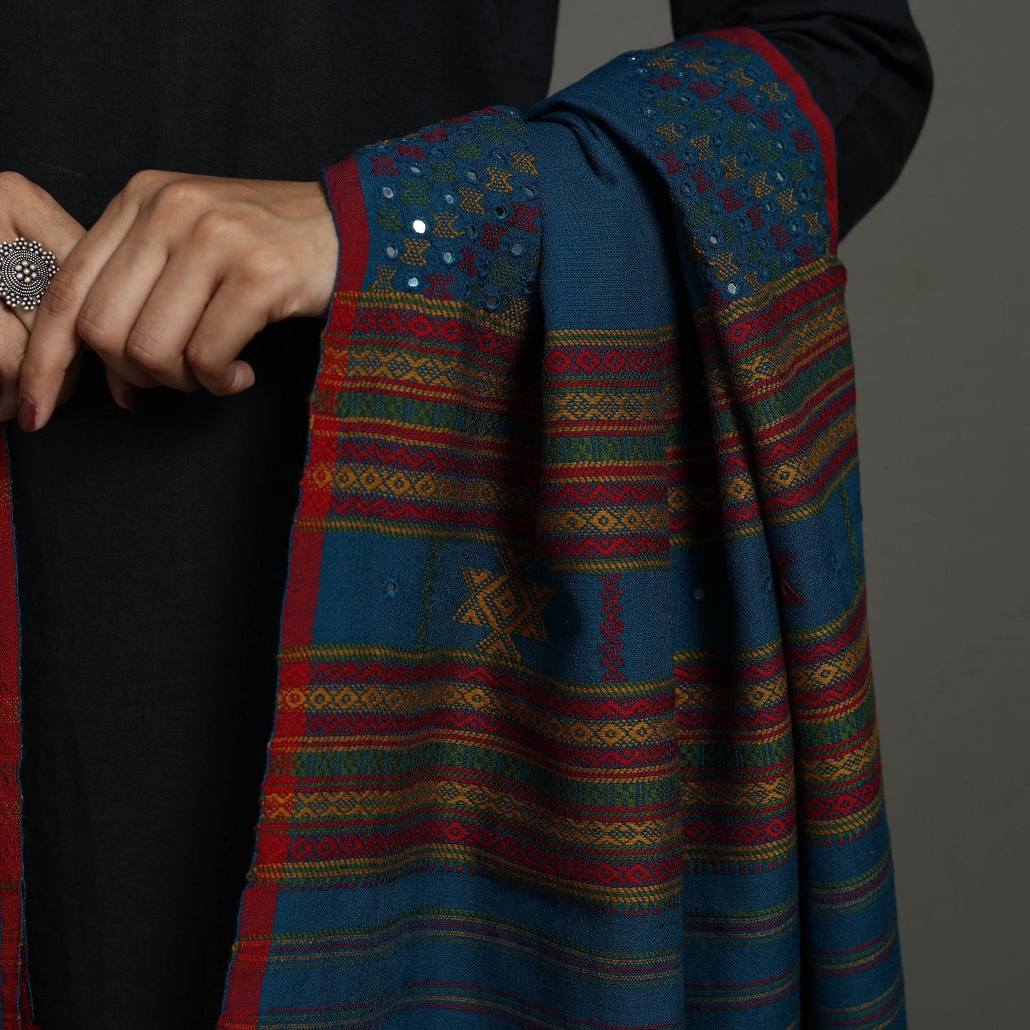 Blue Kutch Bhujodi Weaving Mirror Work Handloom Woolen Shawl