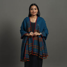 Blue Kutch Bhujodi Weaving Mirror Work Handloom Woolen Shawl
