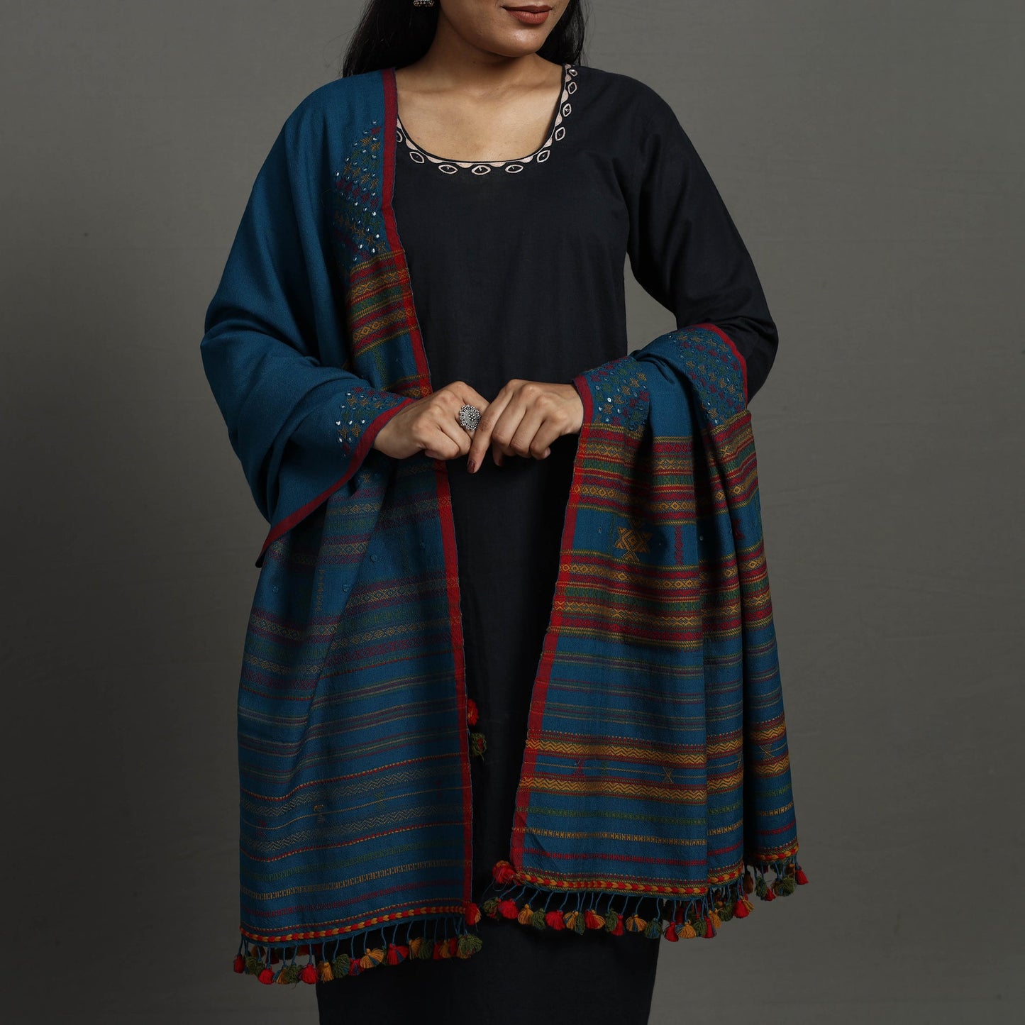 Blue Kutch Bhujodi Weaving Mirror Work Handloom Woolen Shawl