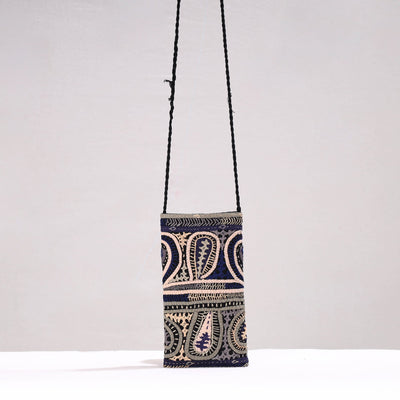 Blue Kutch Dhebariya Qatab Embroidery Cotton Sling Mobile Pouch 