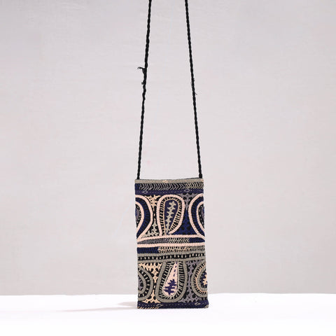 Blue Kutch Dhebariya Qatab Embroidery Cotton Sling Mobile Pouch 