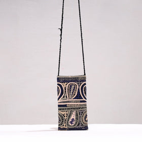 Blue Kutch Dhebariya Qatab Embroidery Cotton Sling Mobile Pouch 