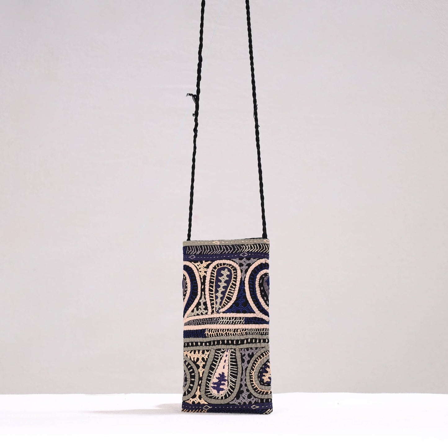 Blue Kutch Dhebariya Qatab Embroidery Cotton Sling Mobile Pouch 