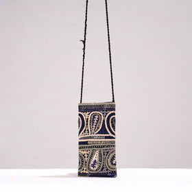 Blue Kutch Dhebariya Qatab Embroidery Cotton Sling Mobile Pouch 