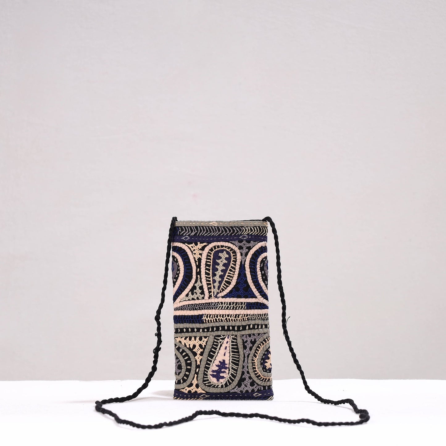Blue Kutch Dhebariya Qatab Embroidery Cotton Sling Mobile Pouch 