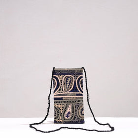 Blue Kutch Dhebariya Qatab Embroidery Cotton Sling Mobile Pouch 