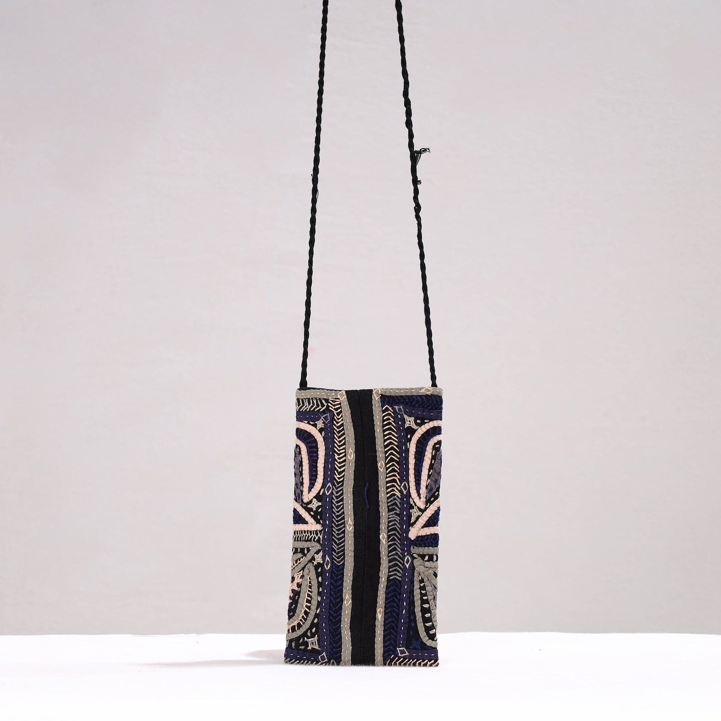 Blue Kutch Dhebariya Qatab Embroidery Cotton Sling Mobile Pouch 