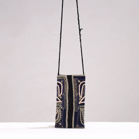 Blue Kutch Dhebariya Qatab Embroidery Cotton Sling Mobile Pouch 
