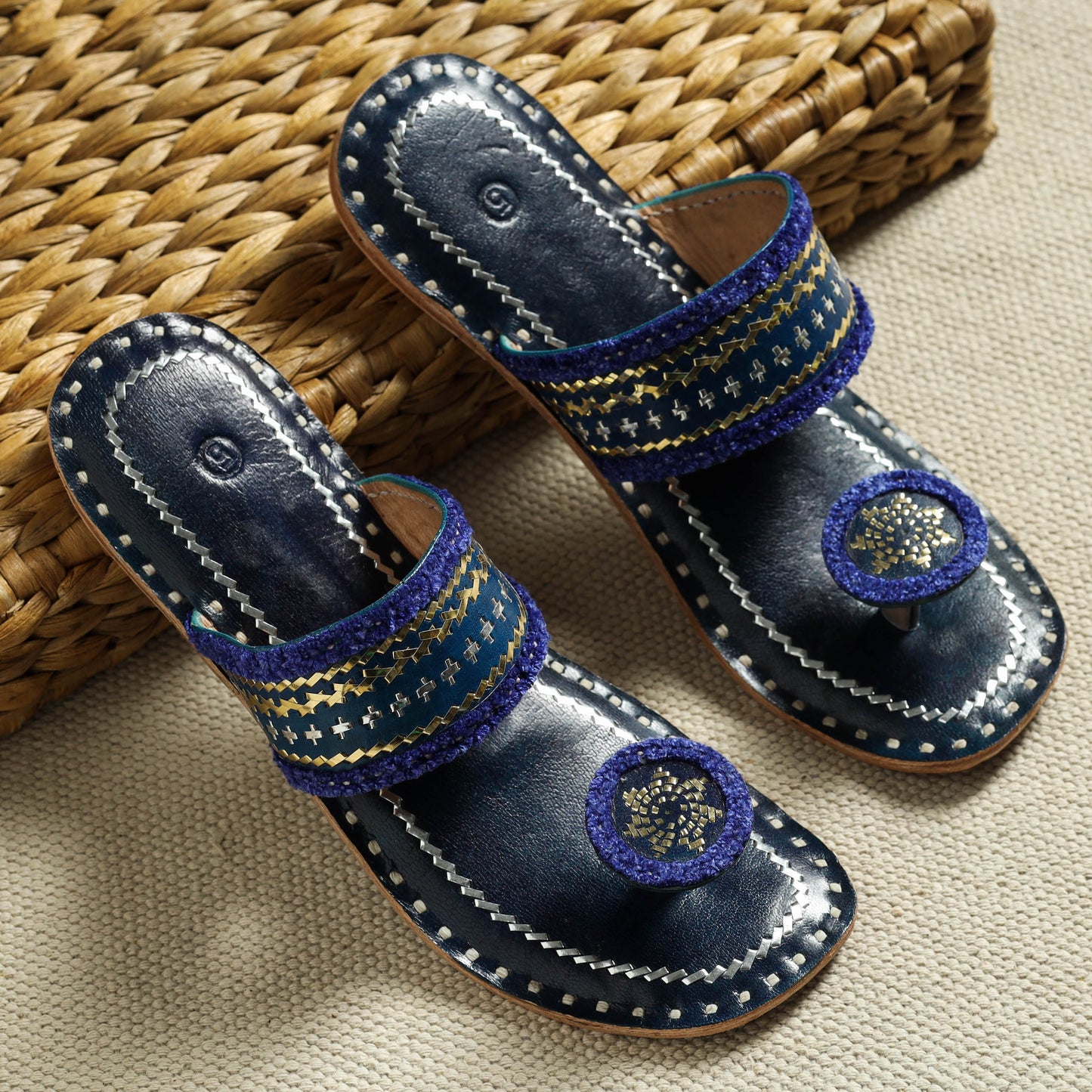 Blue Kutch Embroidery Handstitched Leather Flat Slippers
