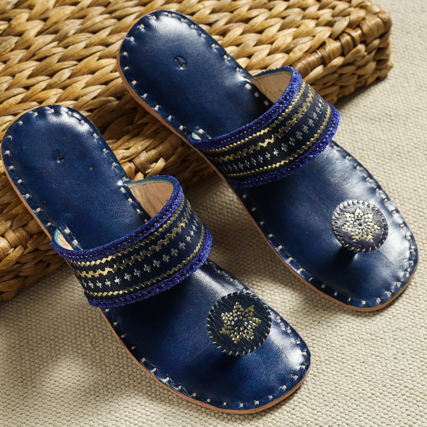  Blue Kutch Embroidery Handstitched Leather Flat Slippers 