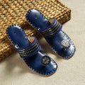  Blue Kutch Embroidery Handstitched Leather Flat Slippers 