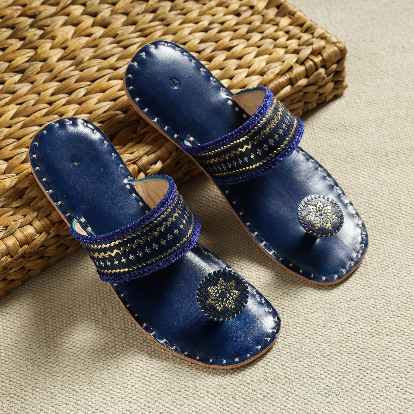  Blue Kutch Embroidery Handstitched Leather Flat Slippers 