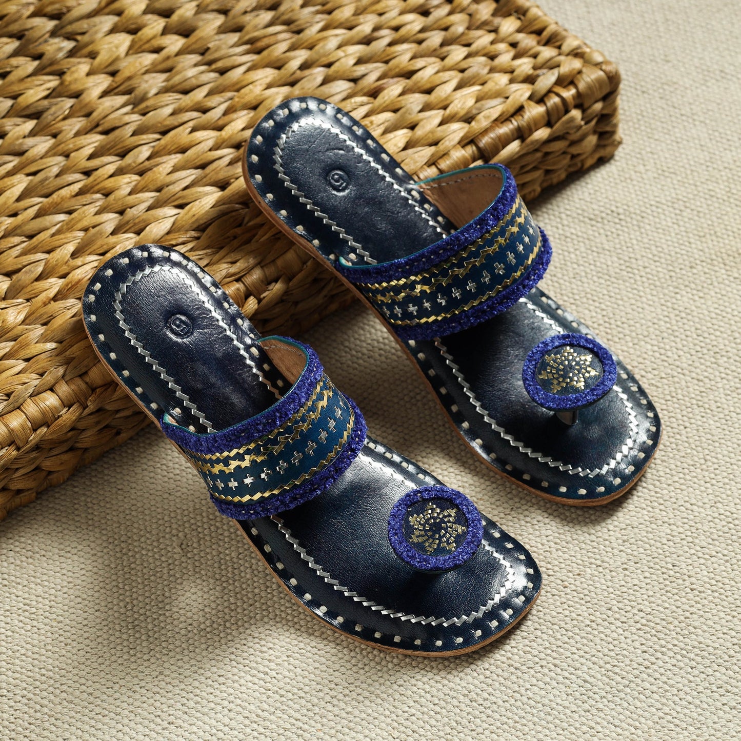 Blue Kutch Embroidery Handstitched Leather Flat Slippers