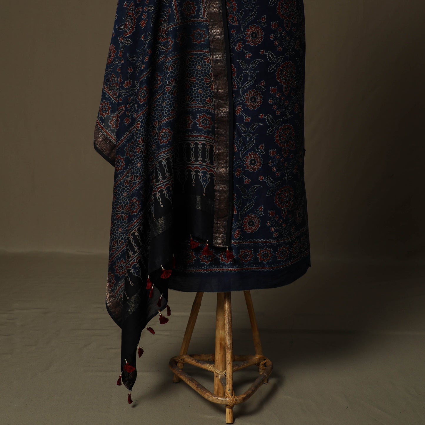 Kutch hand block ajrakh print natural dyed chanderi silk