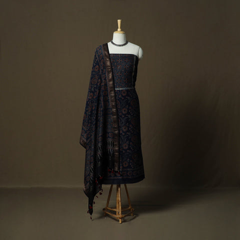 Kutch hand block ajrakh print natural dyed chanderi silk