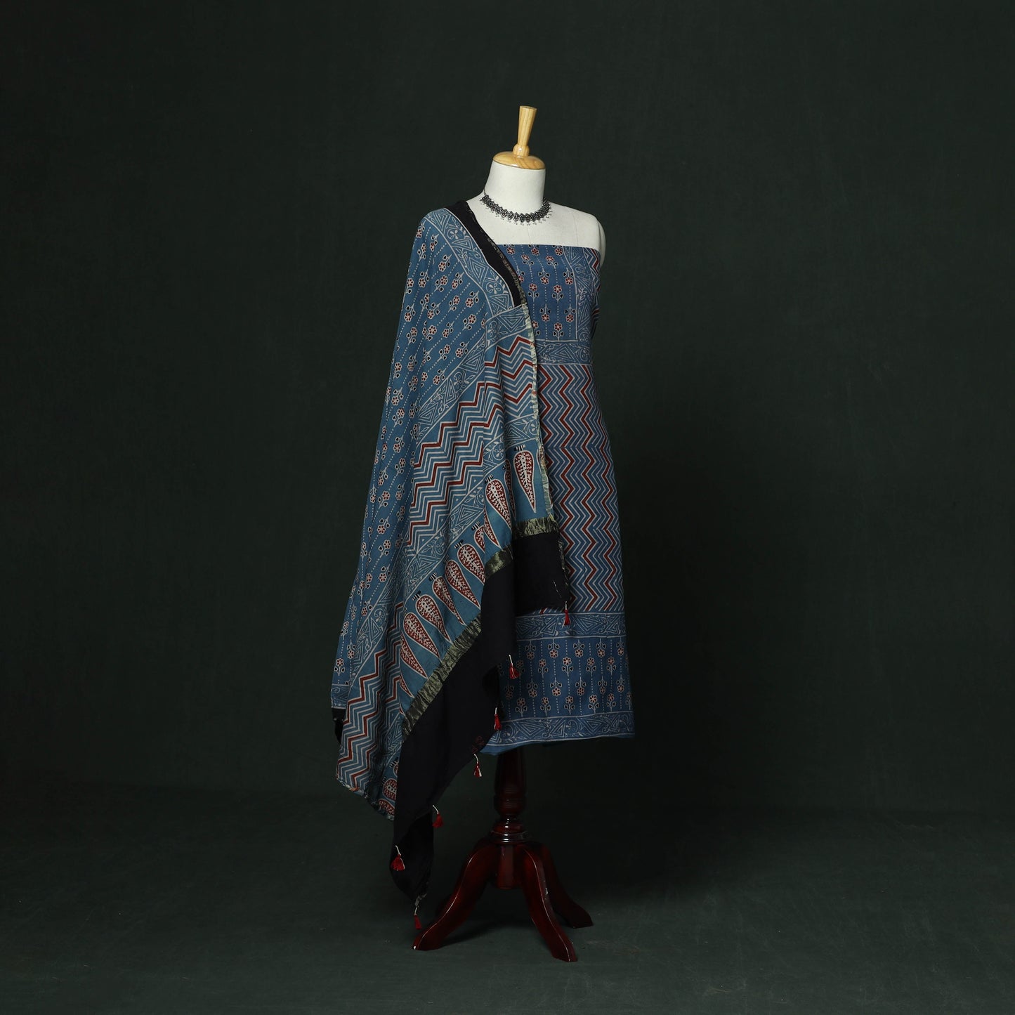 Kutch hand block ajrakh print natural dyed chanderi silk