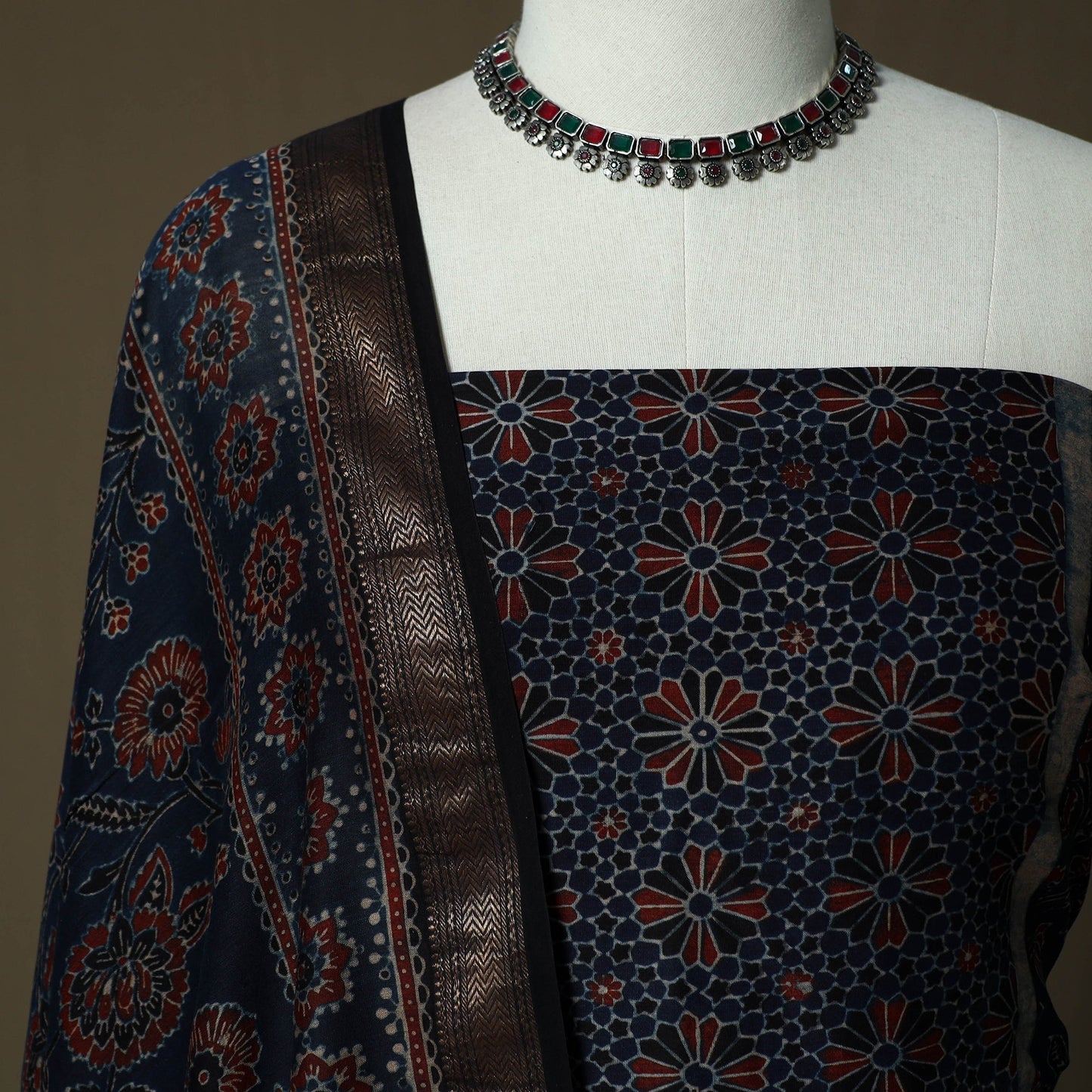 Kutch hand block ajrakh print natural dyed chanderi silk