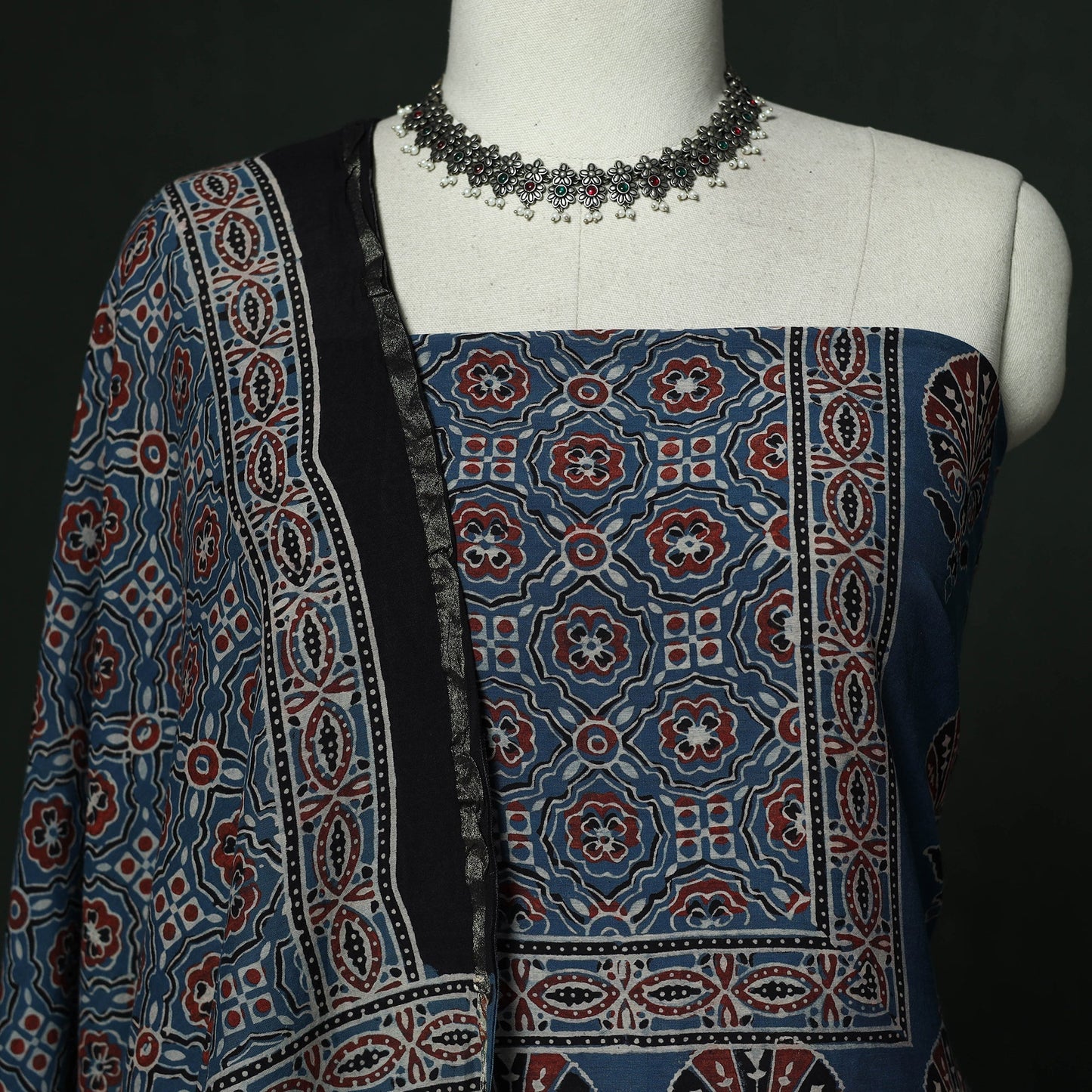 Kutch hand block ajrakh print natural dyed chanderi silk