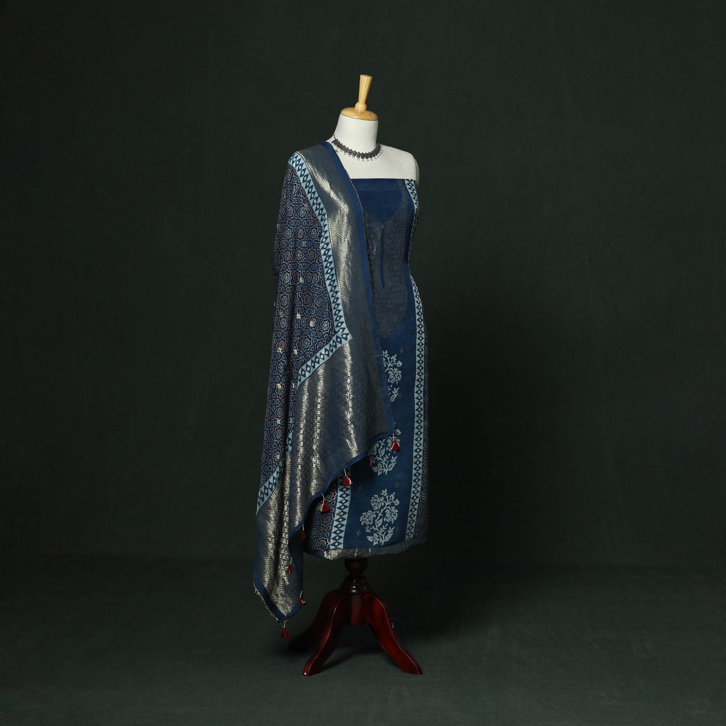 Kutch hand block ajrakh print natural dyed dola silk zari