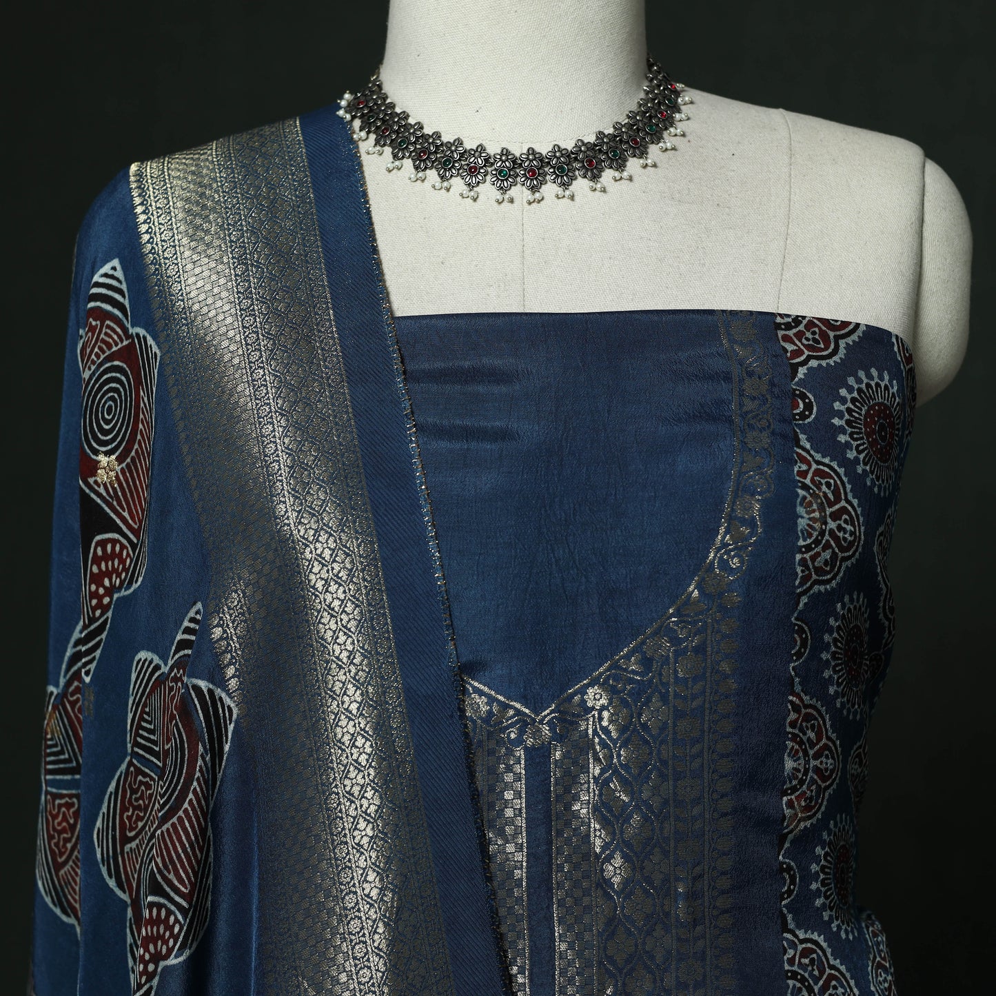 Kutch hand block ajrakh print natural dyed dola silk zari