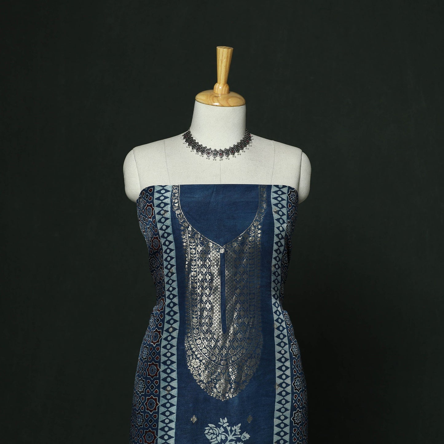 Kutch hand block ajrakh print natural dyed dola silk zari