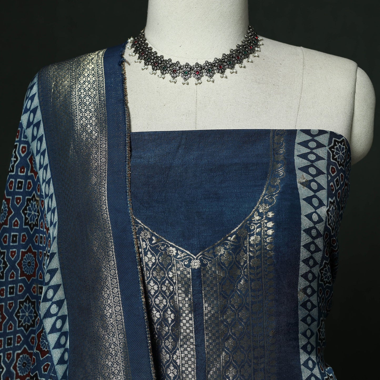 Kutch hand block ajrakh print natural dyed dola silk zari