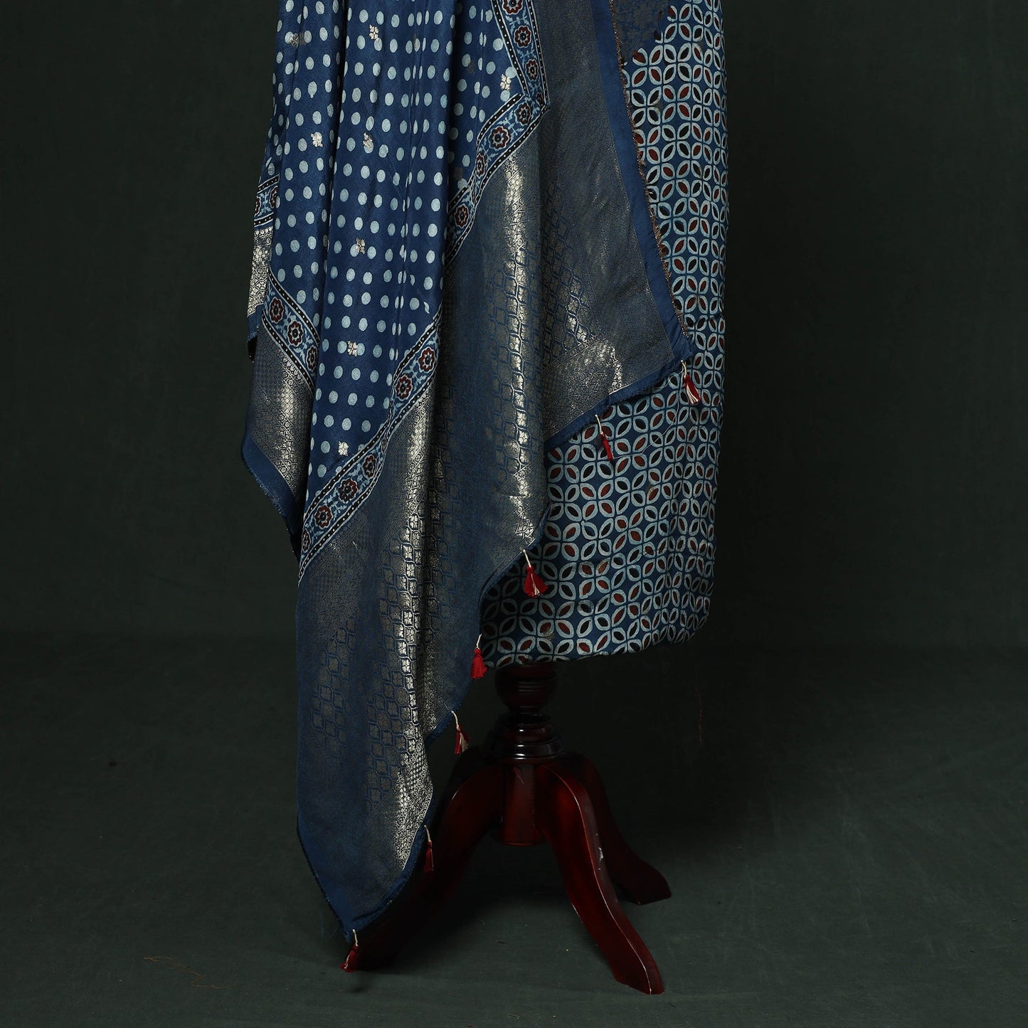 Kutch hand block ajrakh print natural dyed dola silk zari