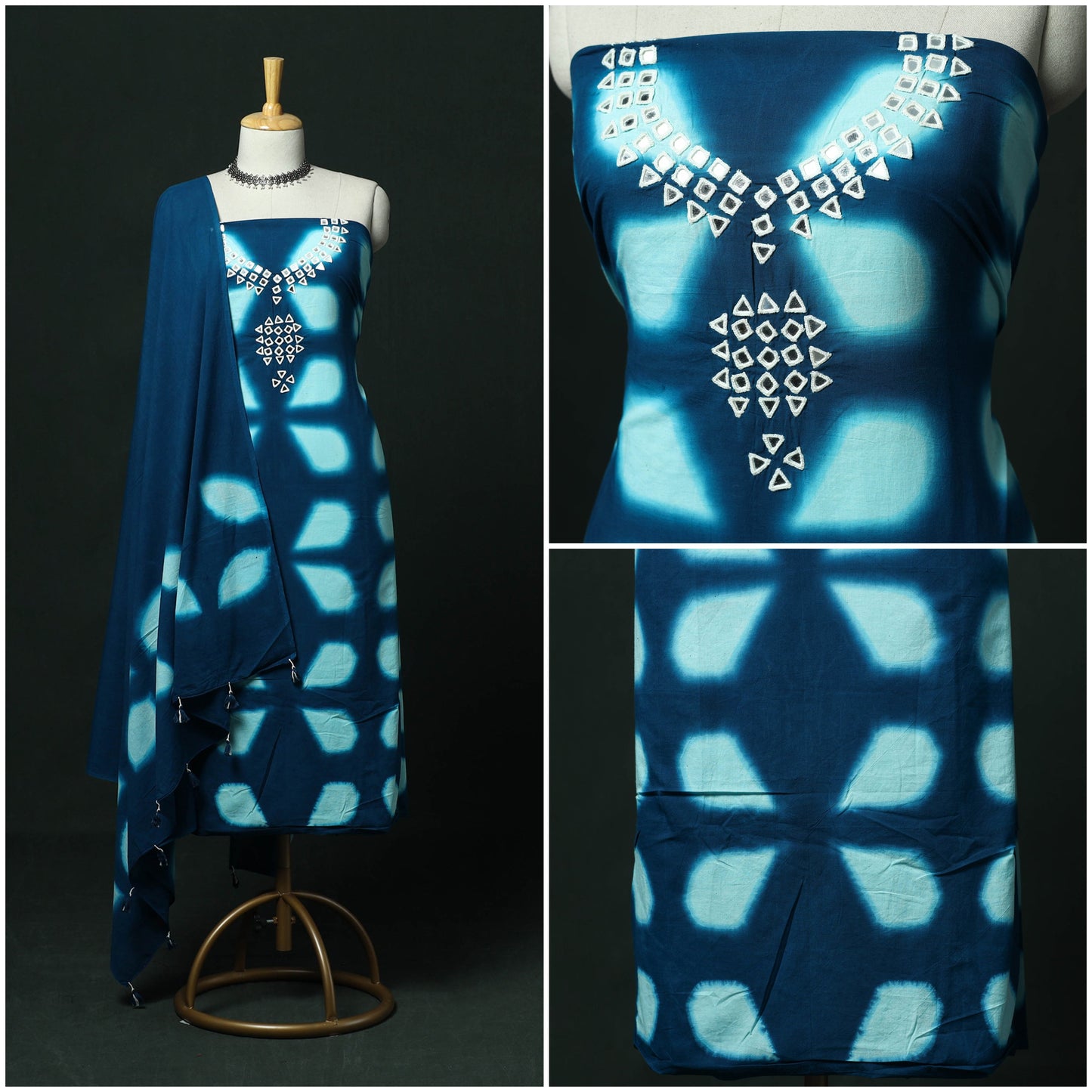 Kutch hand embroidered mirror work clamp dyed cotton