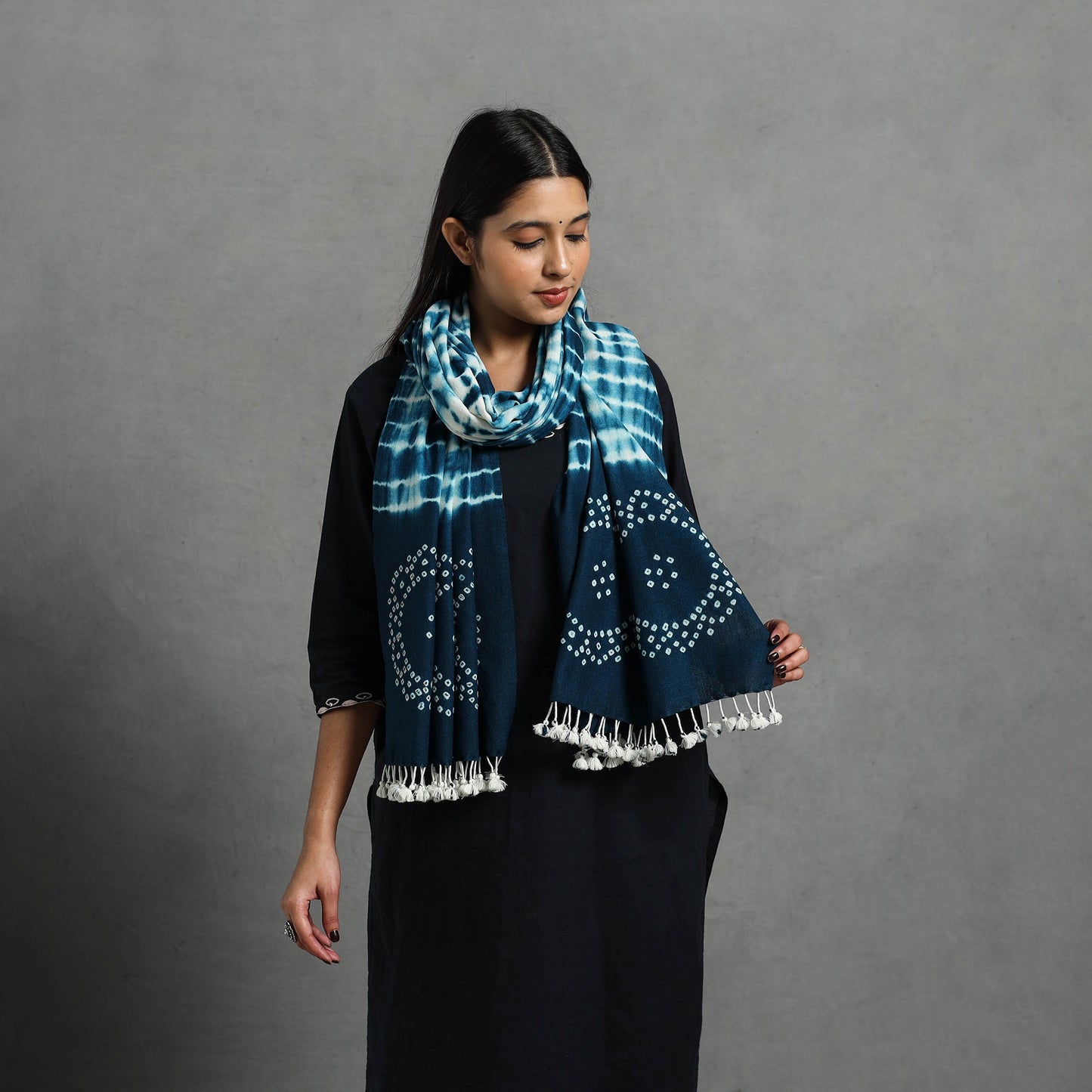 Blue Kutch Handwoven Merino Wool Shibori & Bandhani Stole
