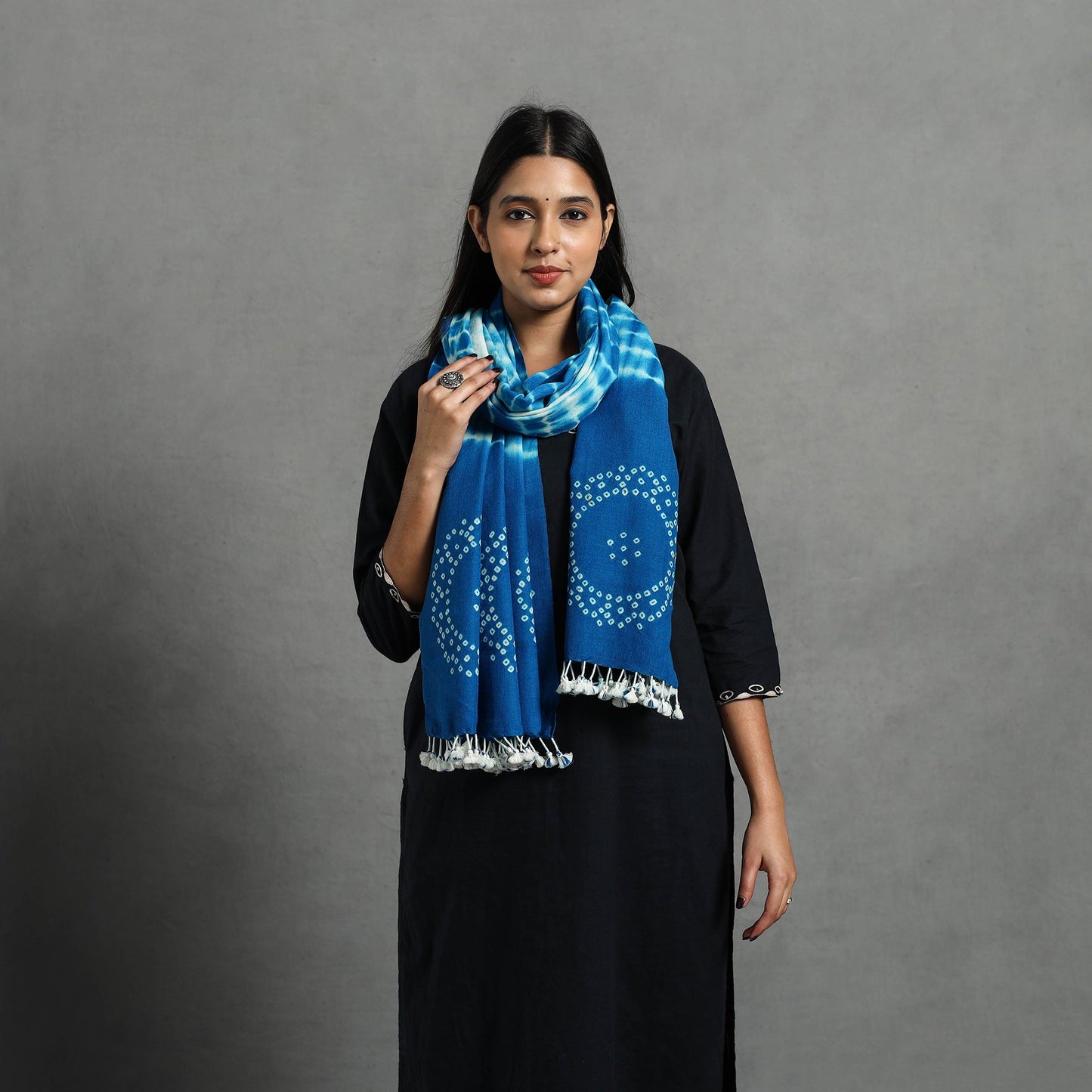 Blue Kutch Handwoven Merino Wool Shibori & Bandhani Stole