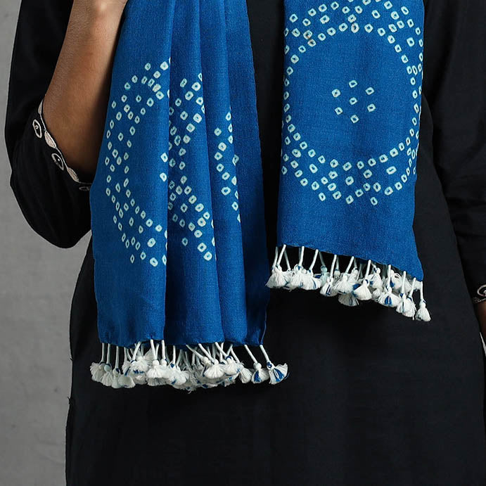 Blue Kutch Handwoven Merino Wool Shibori & Bandhani Stole