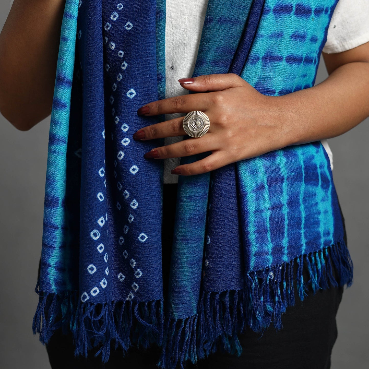 Blue - kutch handwoven woolen shibori & bandhani stole 32