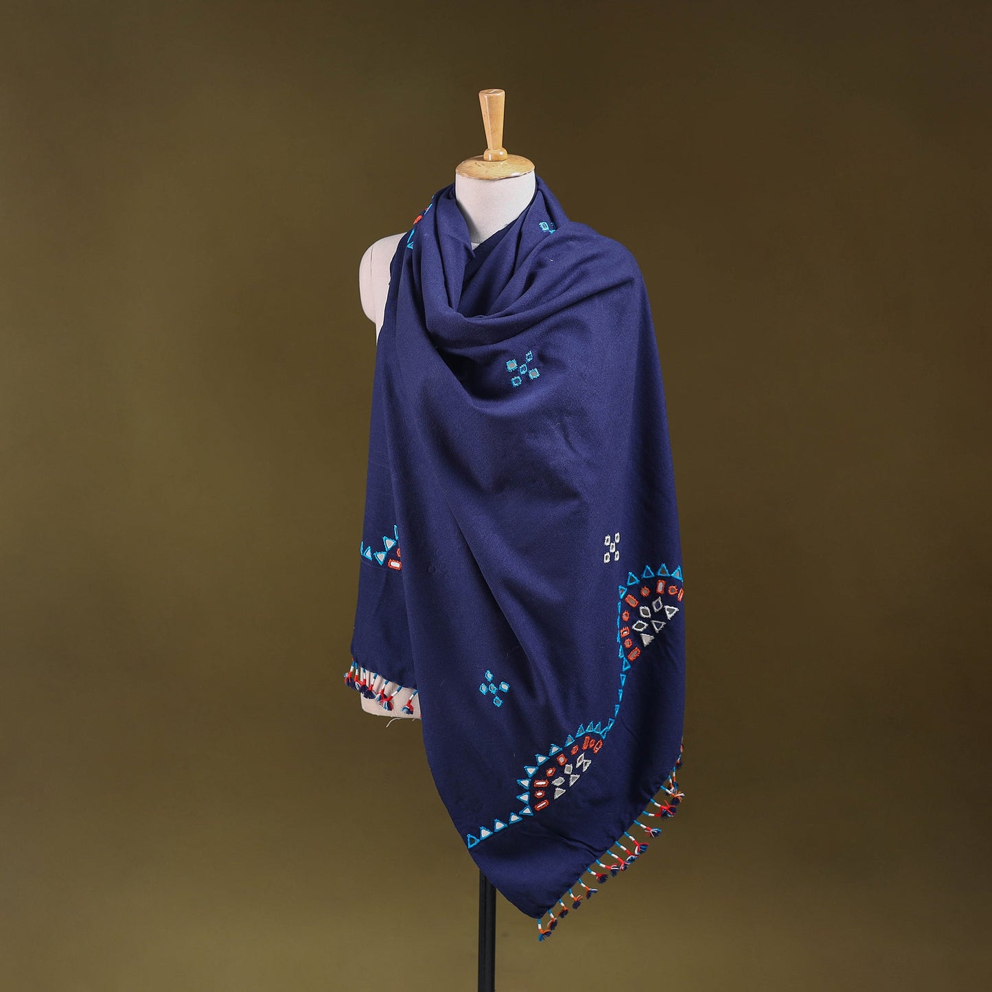 Blue - kutch handwoven mirror work acrylic wool shawl 128