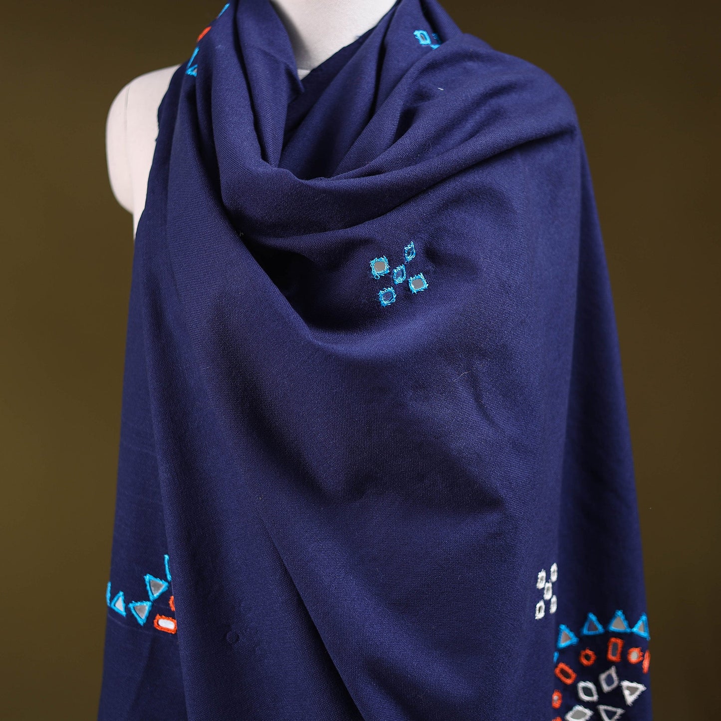 Blue - kutch handwoven mirror work acrylic wool shawl 128