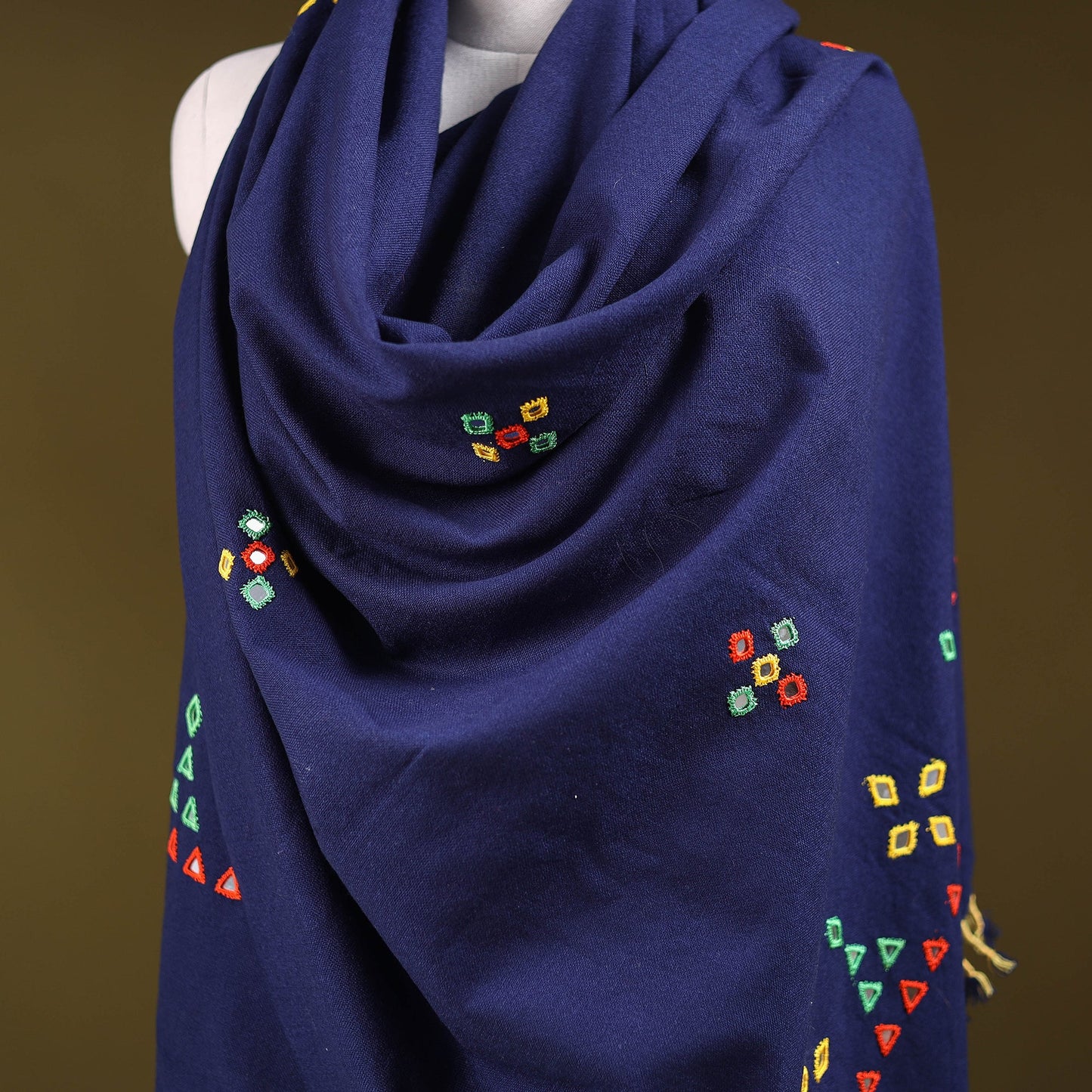 Blue - kutch handwoven mirror work acrylic wool shawl 131