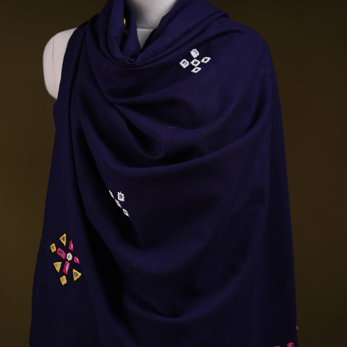 Blue - kutch handwoven mirror work acrylic wool shawl 137