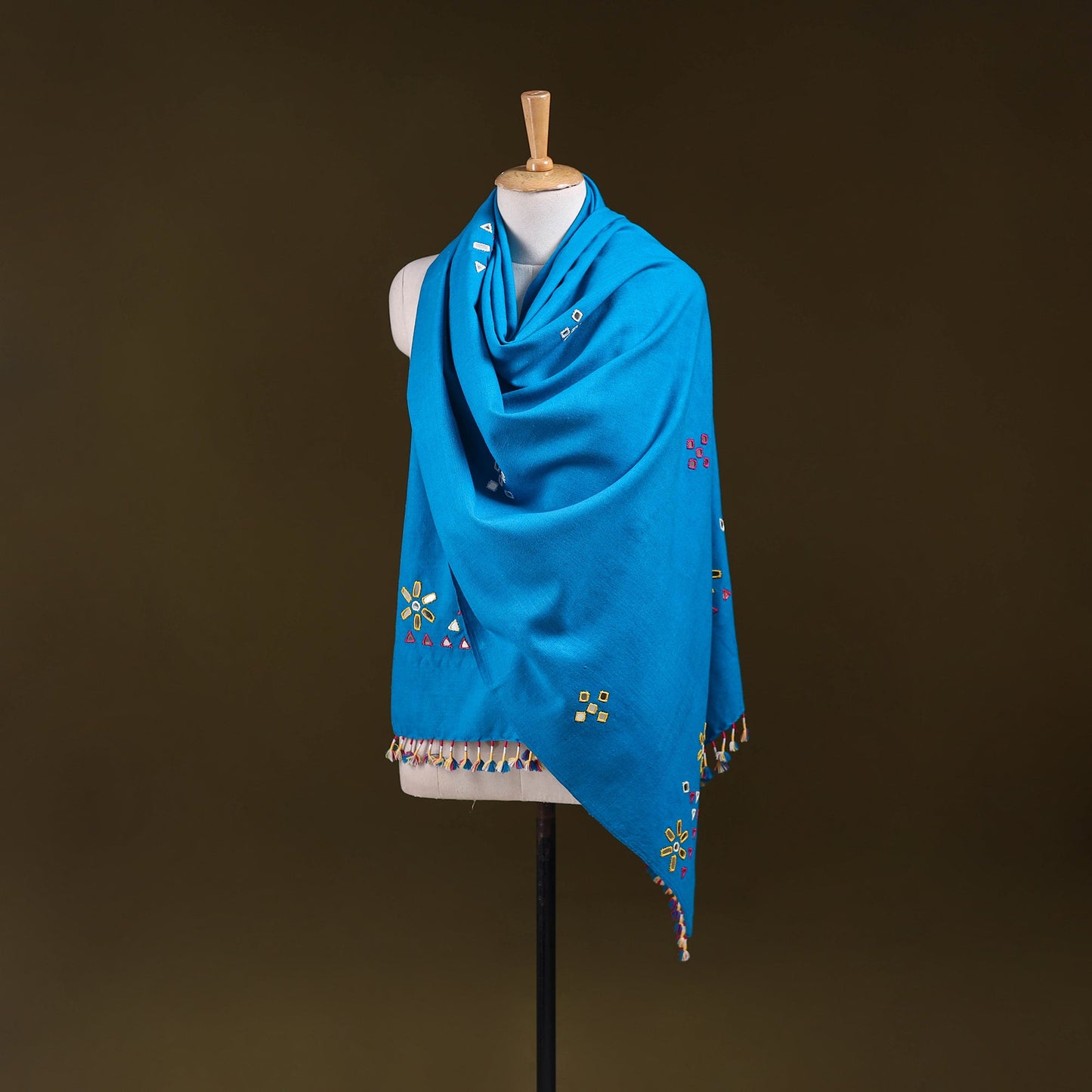 Blue - kutch handwoven mirror work acrylic wool shawl 141