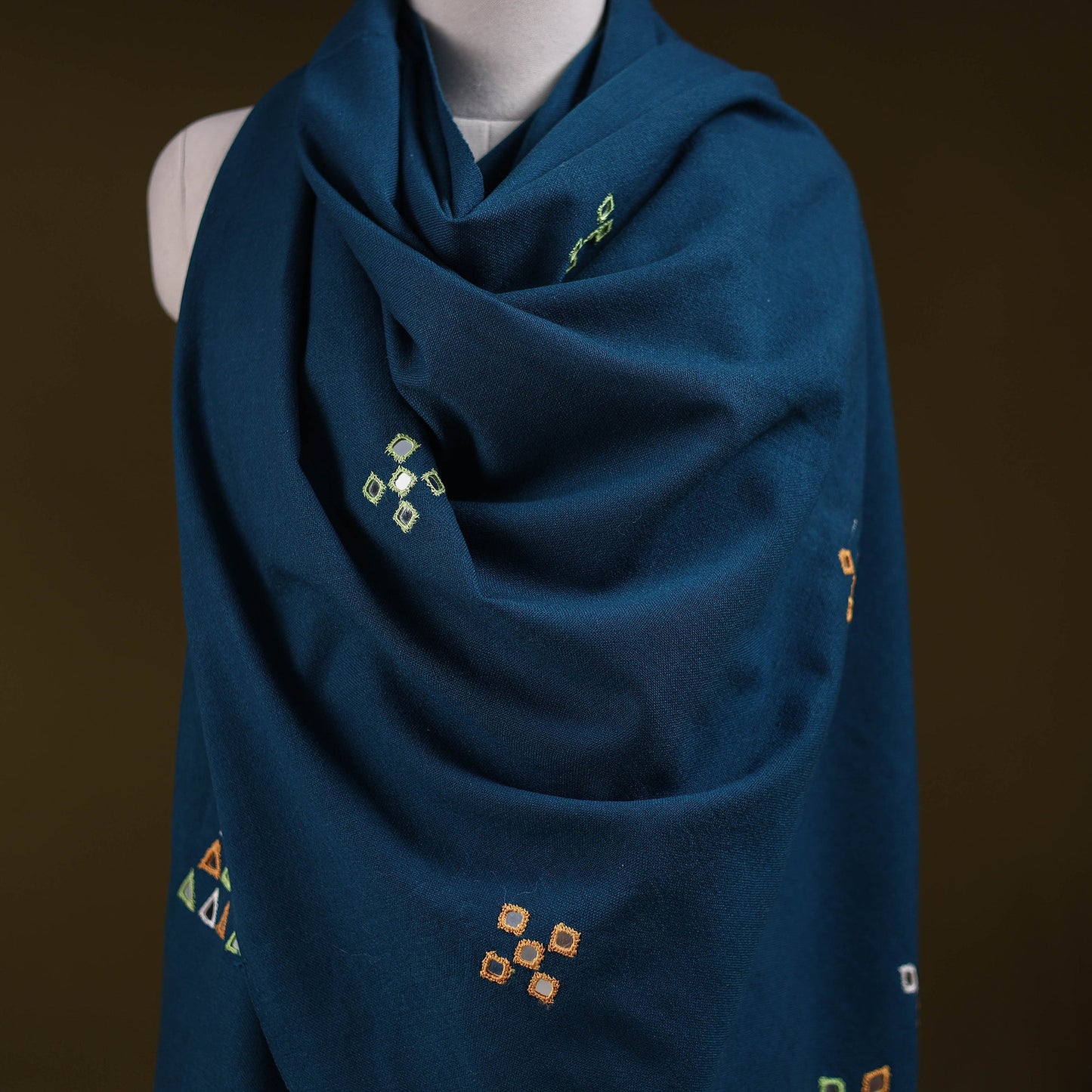 Blue - kutch handwoven mirror work acrylic wool shawl 149