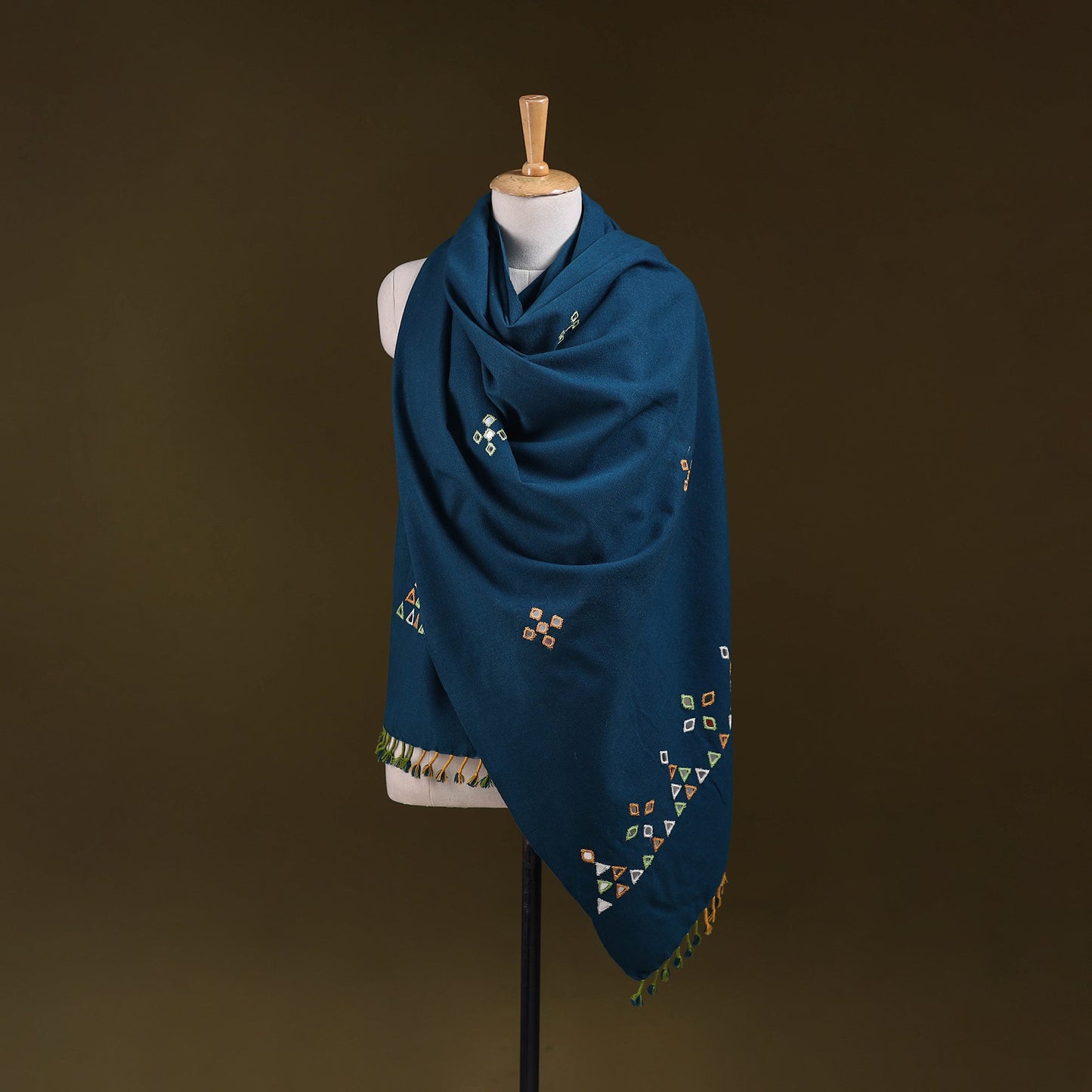 Blue - kutch handwoven mirror work acrylic wool shawl 149