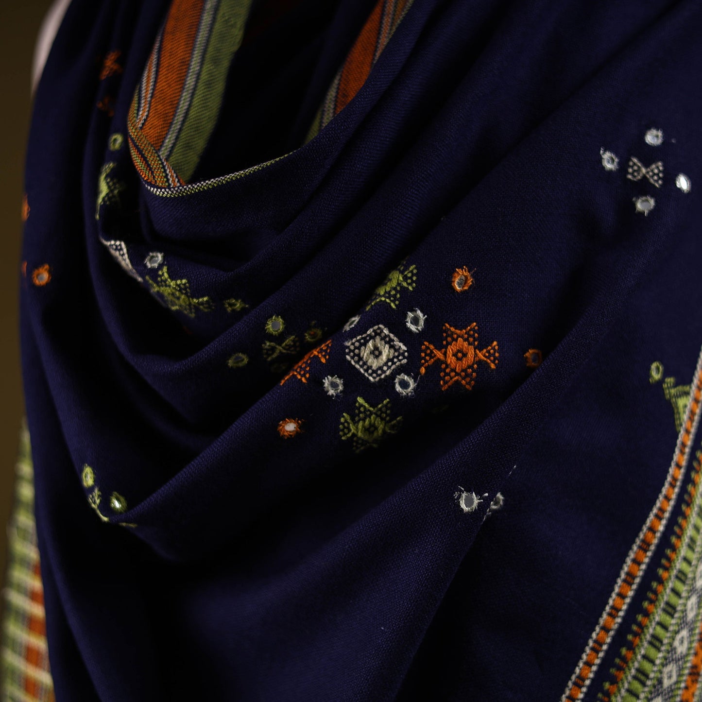 Kutch handwoven mirror work chomuk buta acrylic wool shawl