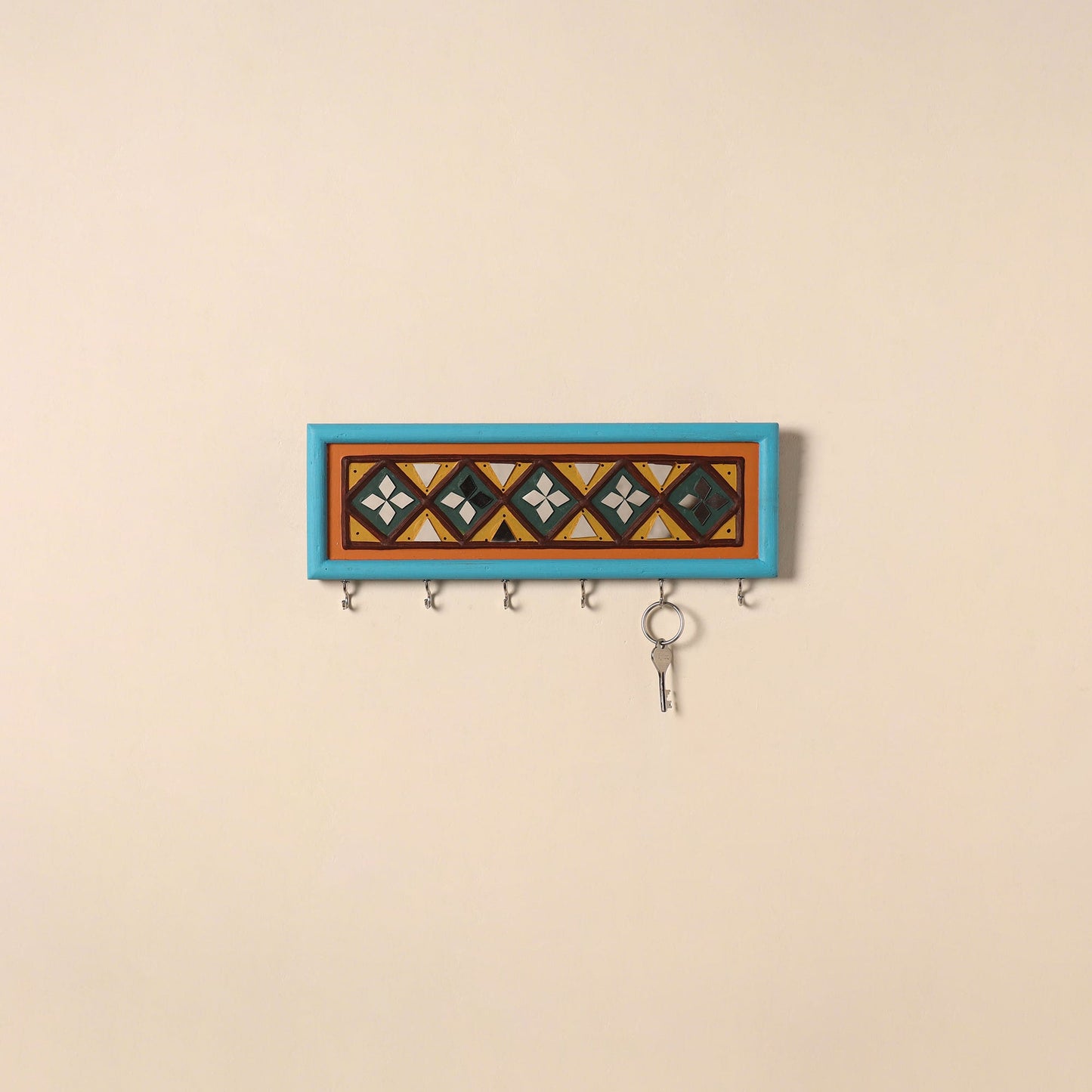 Kutch mud mirror work lippan art key holder (4 x 12 in) 06