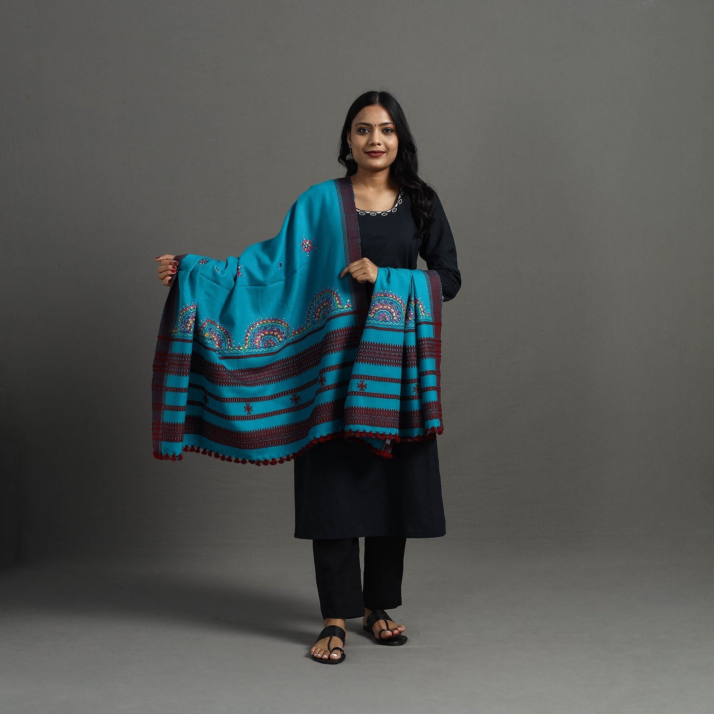 Blue Kutch Neran Hand Embroidery Mirror Work Woollen Shawl