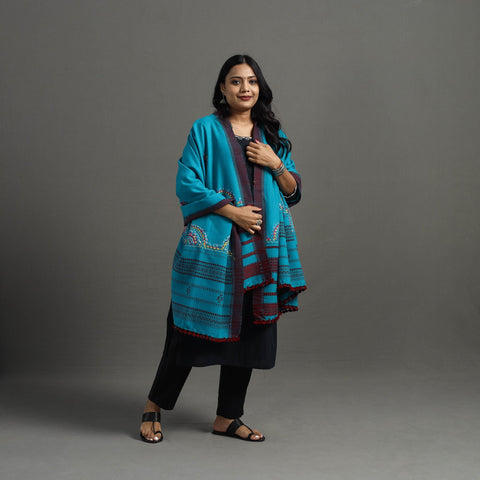 Blue Kutch Neran Hand Embroidery Mirror Work Woollen Shawl
